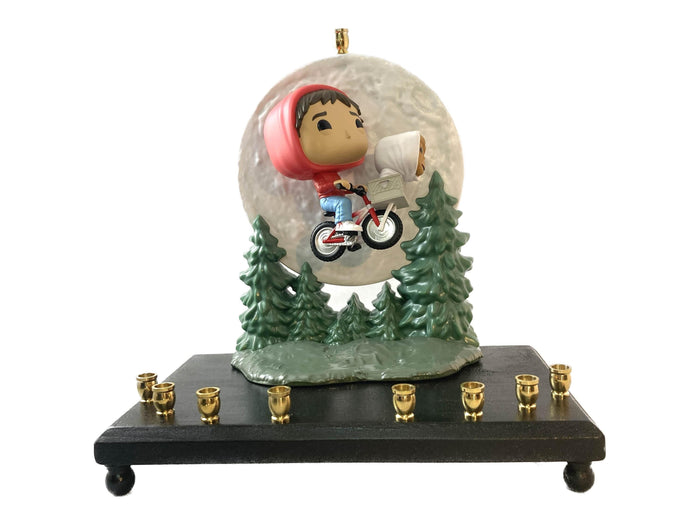 E.T. and Elliott collector menorah — vintage BMX figure on a painted wood base | Judaica Square Lakewood