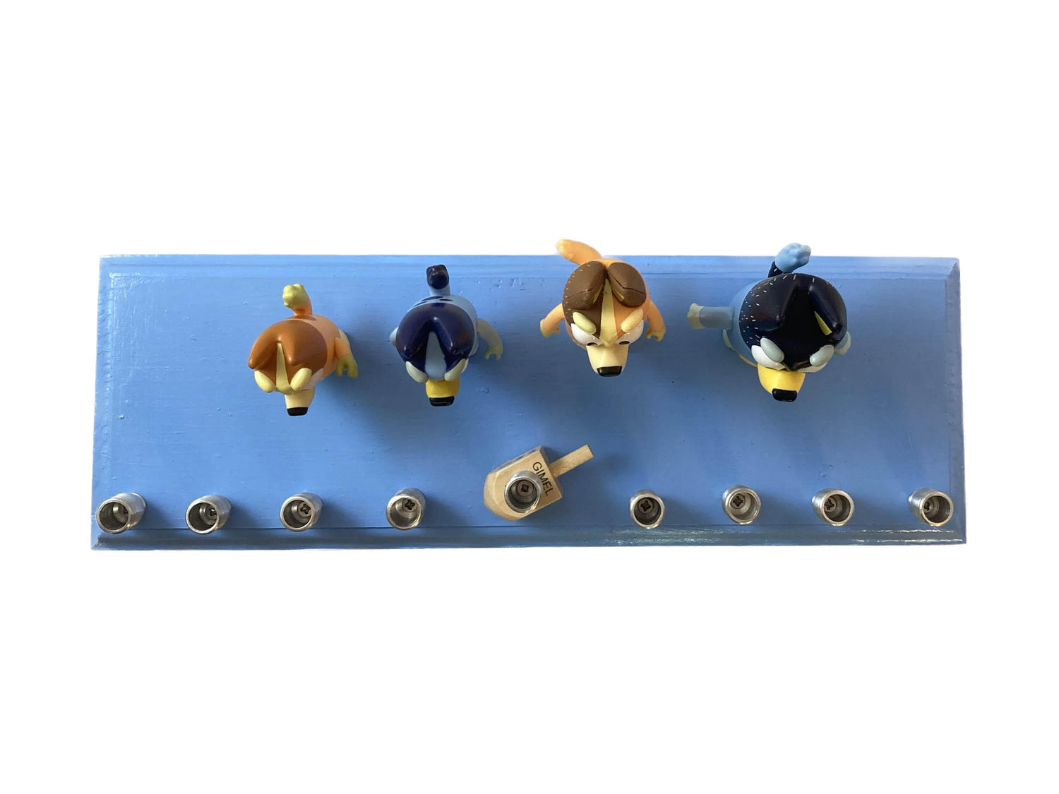 Bluey menorah — blue cartoon dog figures on wood base with brass candle cups | Judaica Square Lakewood (view 4)