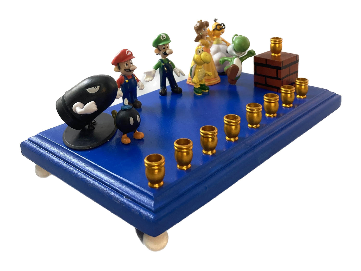 Super Mario Menorah — Mario and friends figures on painted wood base | Judaica Square Lakewood (view 2)
