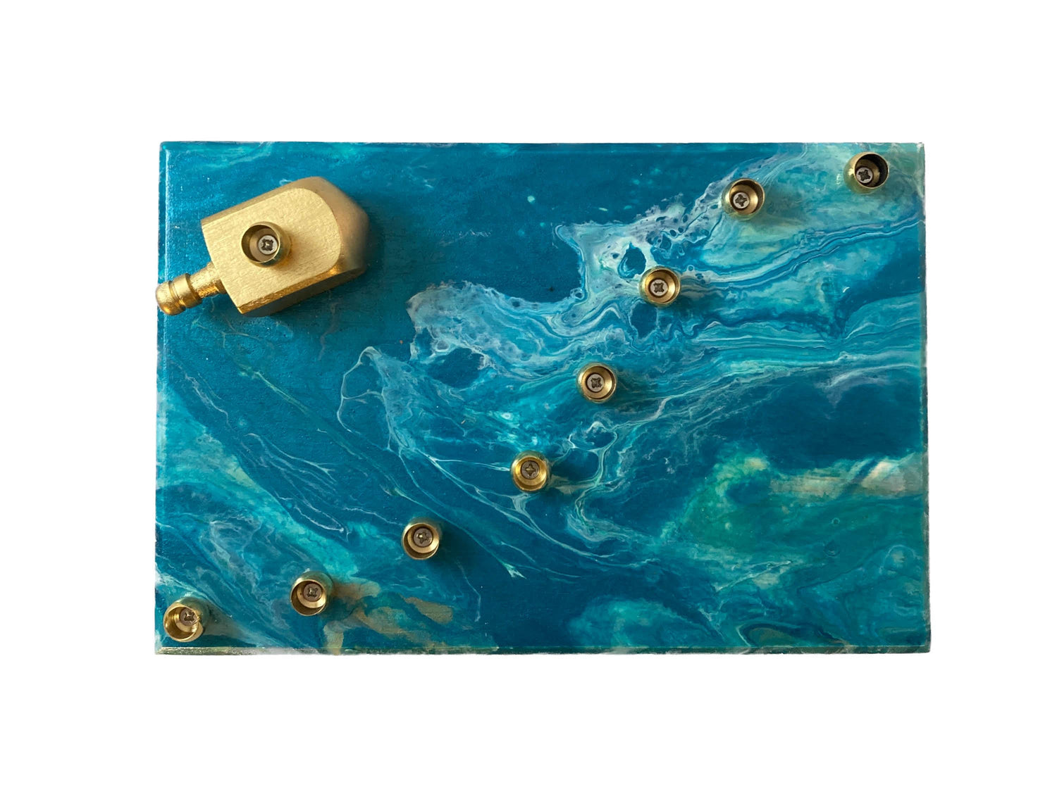 Paint pour menorah — teal and turquoise poured acrylic base with brass candle cups | Judaica Square Lakewood (view 3)