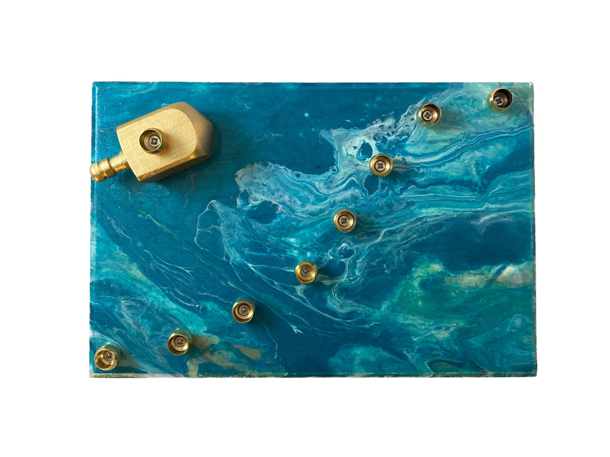 Paint pour menorah — teal and turquoise poured acrylic base with brass candle cups | Judaica Square Lakewood (view 3)