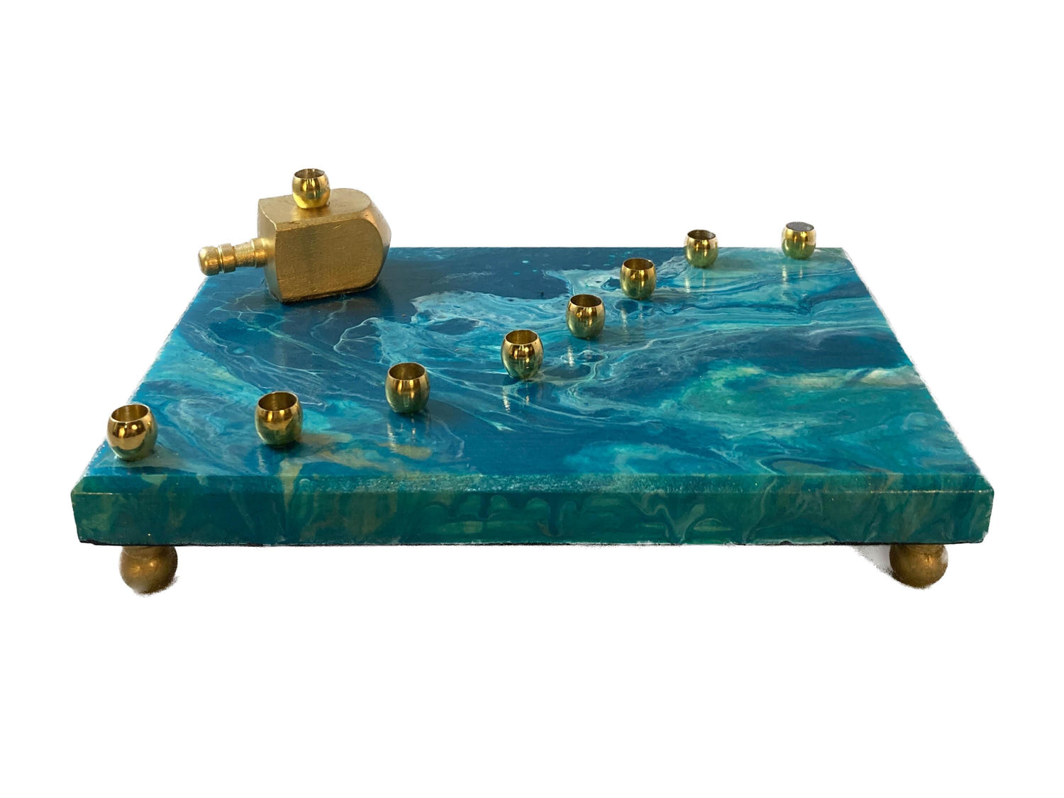 Paint pour menorah — teal and turquoise poured acrylic base with brass candle cups | Judaica Square Lakewood (view 2)
