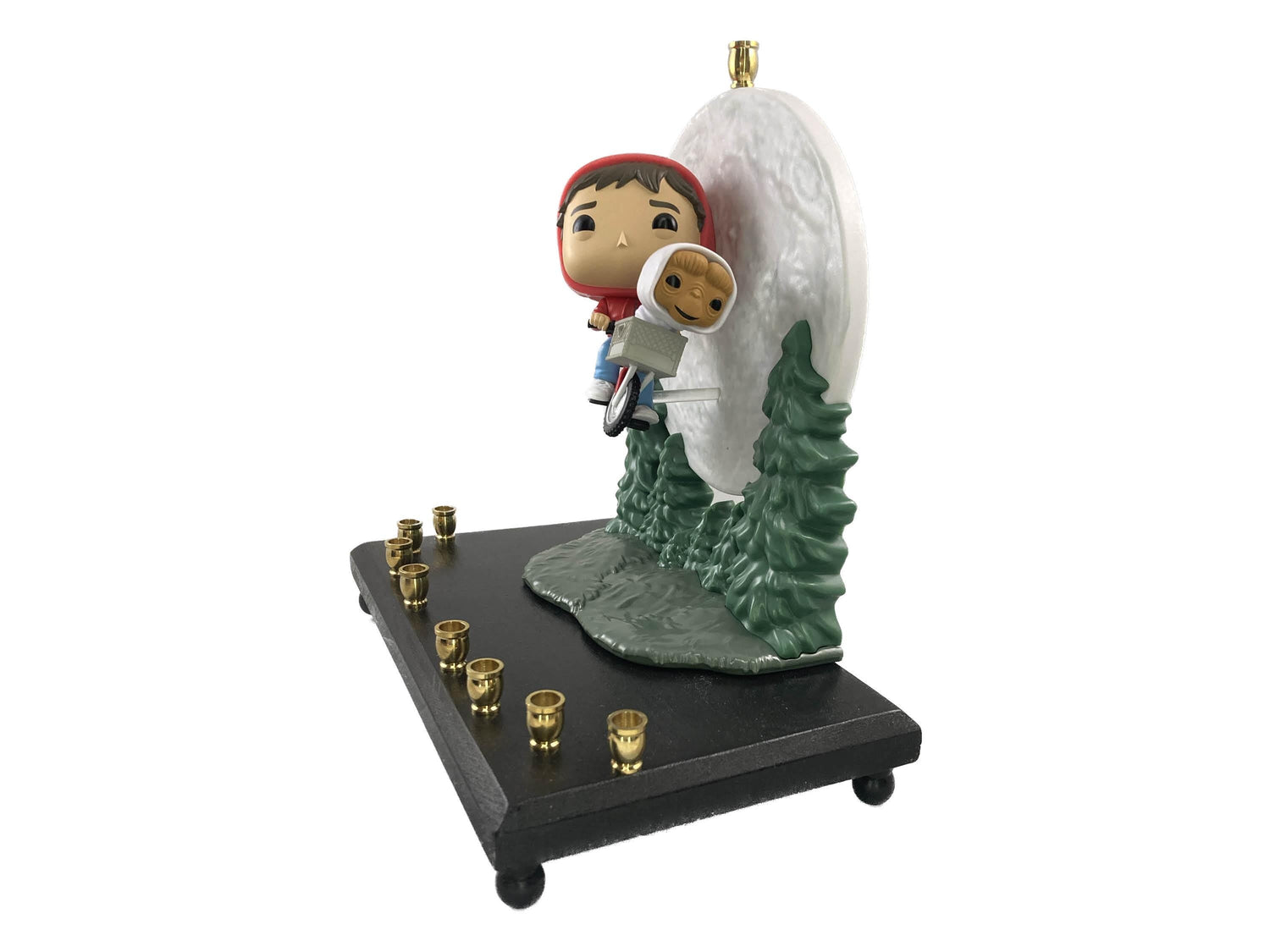 E.T. and Elliott collector menorah — vintage BMX figure on a painted wood base | Judaica Square Lakewood (view 3)