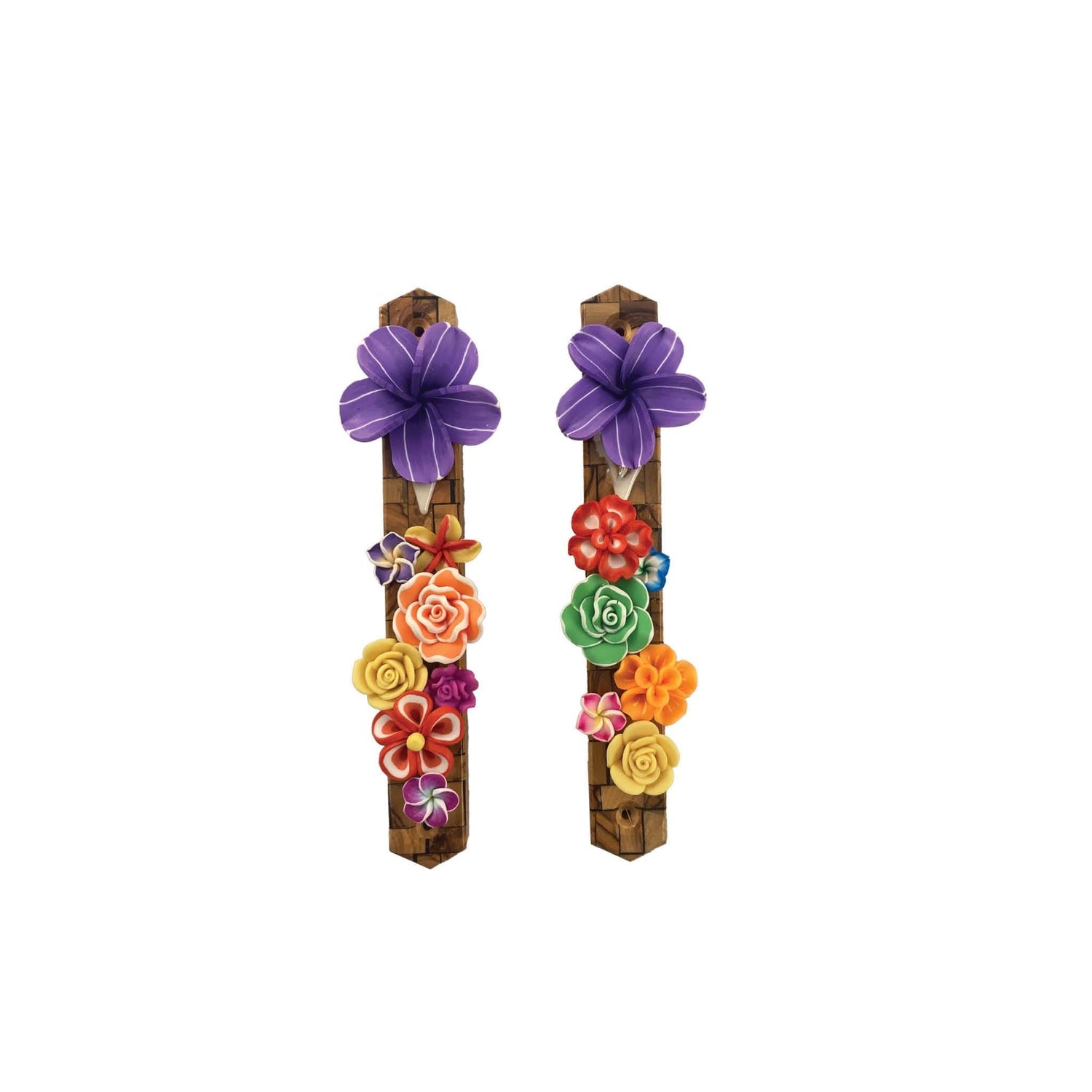 Olive wood mezuzah case with silicone flowers — olive wood base with soft blooms | Judaica Square Lakewood (view 2)