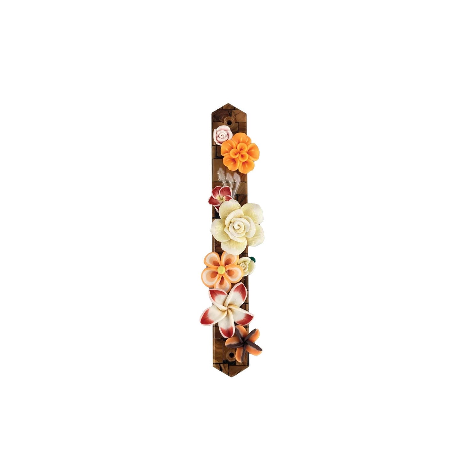 Olive wood mezuzah case with silicone flowers — olive wood base with soft blooms | Judaica Square Lakewood (view 3)