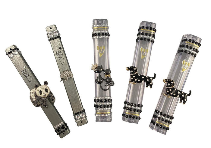 Animal bling mezuzah cases — dachshund, panda, cat and hedgehog jewelry on acrylic cases | Judaica Square Lakewood