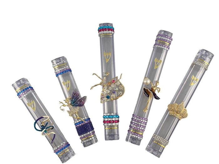 Sparkly dancers and fairies mezuzah case — acrylic case with rhinestone jewelry figures | Judaica Square Lakewood
