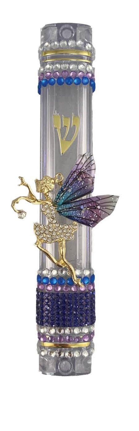Sparkly dancers and fairies mezuzah case — acrylic case with rhinestone jewelry figures | Judaica Square Lakewood (view 4)