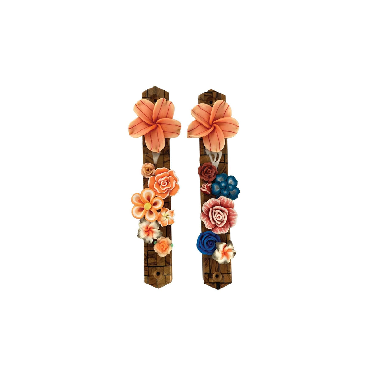 Olive wood mezuzah case with silicone flowers — olive wood base with soft blooms | Judaica Square Lakewood (view 4)