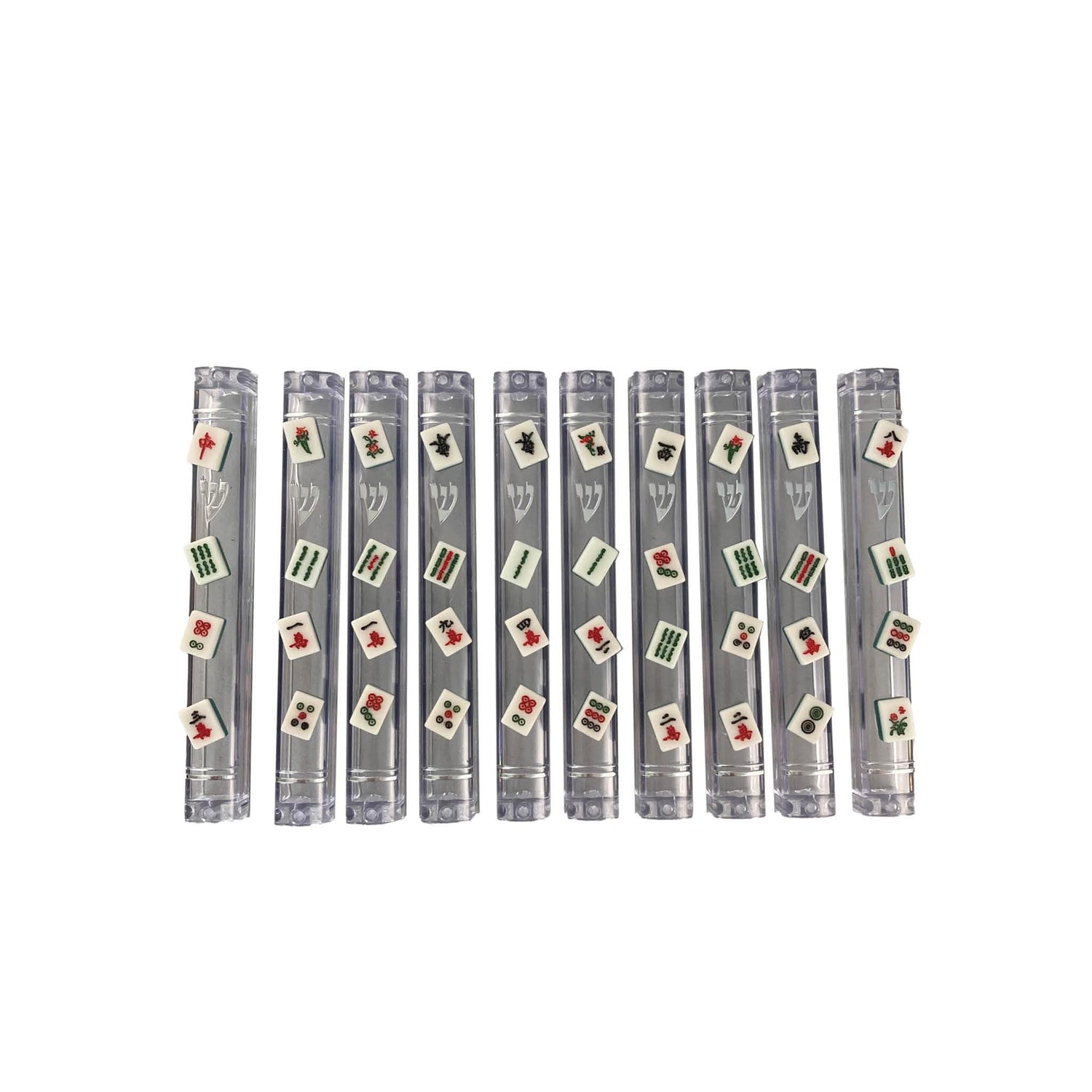 Mahjong mezuzah case — clear acrylic case lined with mini mahjong tiles | Judaica Square Lakewood (view 2)