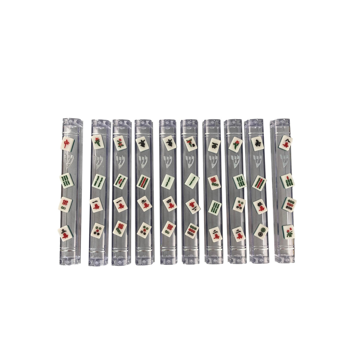 Mahjong mezuzah case — clear acrylic case lined with mini mahjong tiles | Judaica Square Lakewood (view 2)