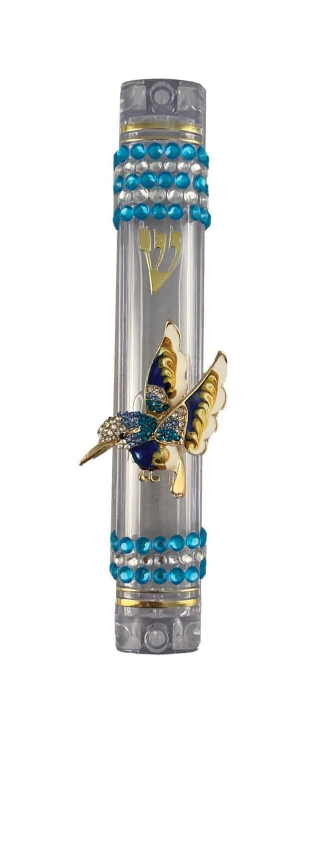 Bling bird mezuzah case — enamel bird and rhinestones on a clear acrylic case | Judaica Square Lakewood