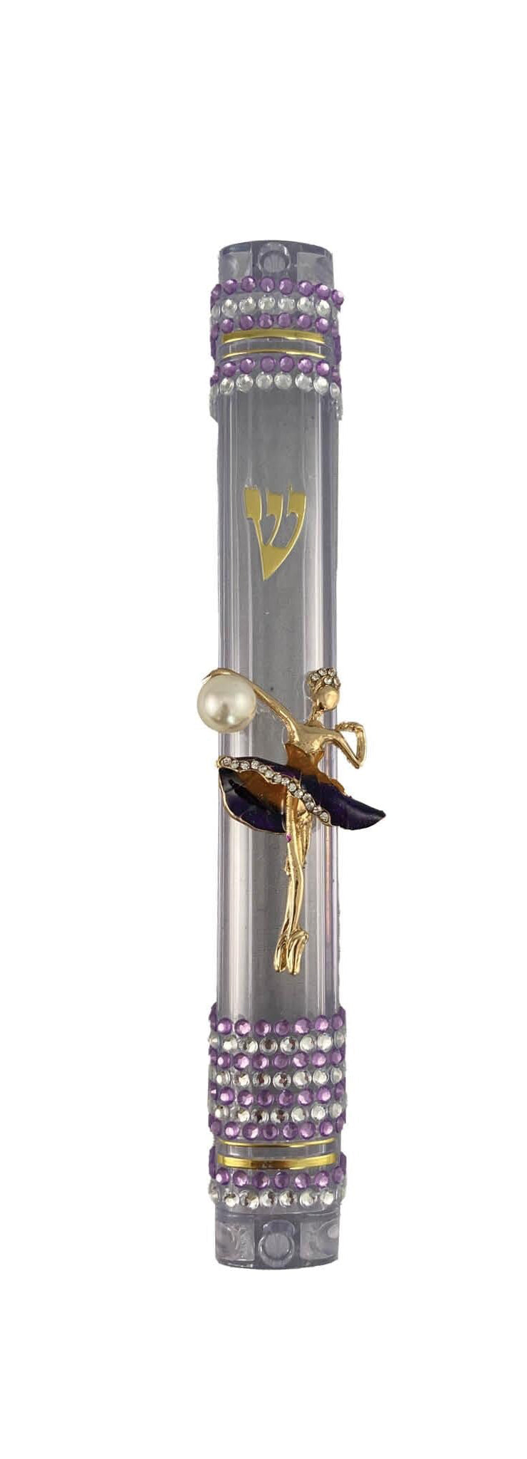 Sparkly dancers and fairies mezuzah case — acrylic case with rhinestone jewelry figures | Judaica Square Lakewood (view 3)