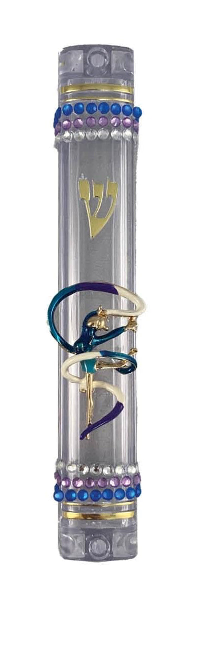 Sparkly dancers and fairies mezuzah case — acrylic case with rhinestone jewelry figures | Judaica Square Lakewood (view 5)