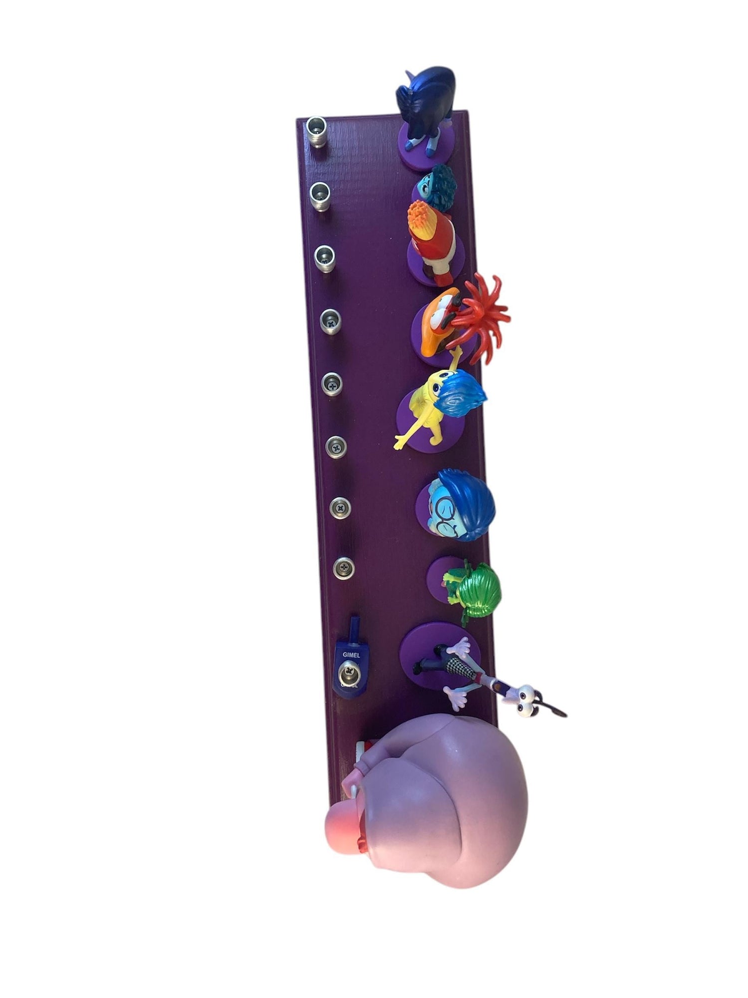 Inside Out 2 Menorah — colorful emotion figures along a long wood plaque | Judaica Square Lakewood (view 3)