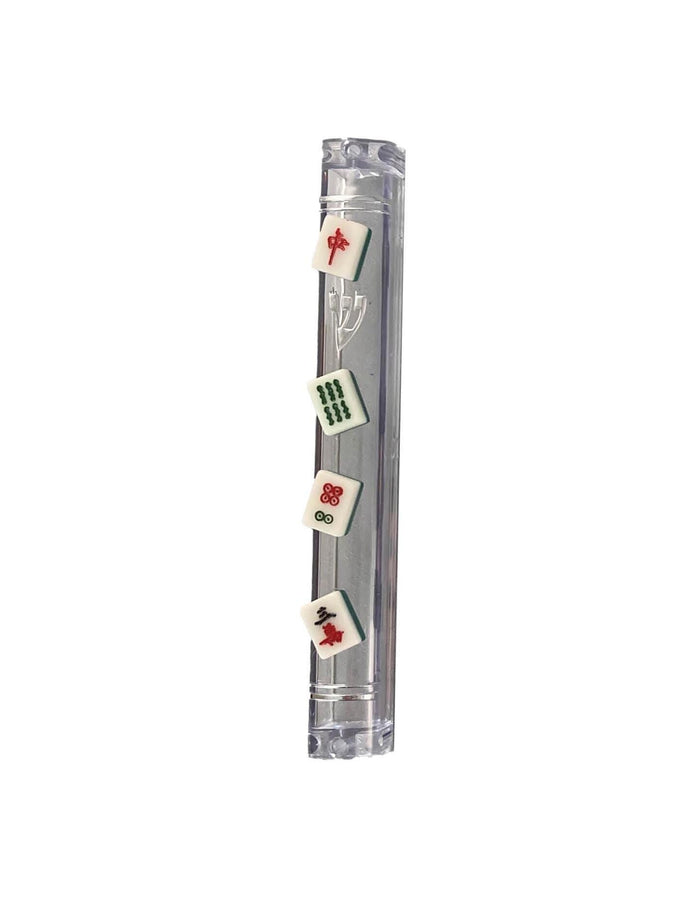 Mahjong mezuzah case — clear acrylic case lined with mini mahjong tiles | Judaica Square Lakewood