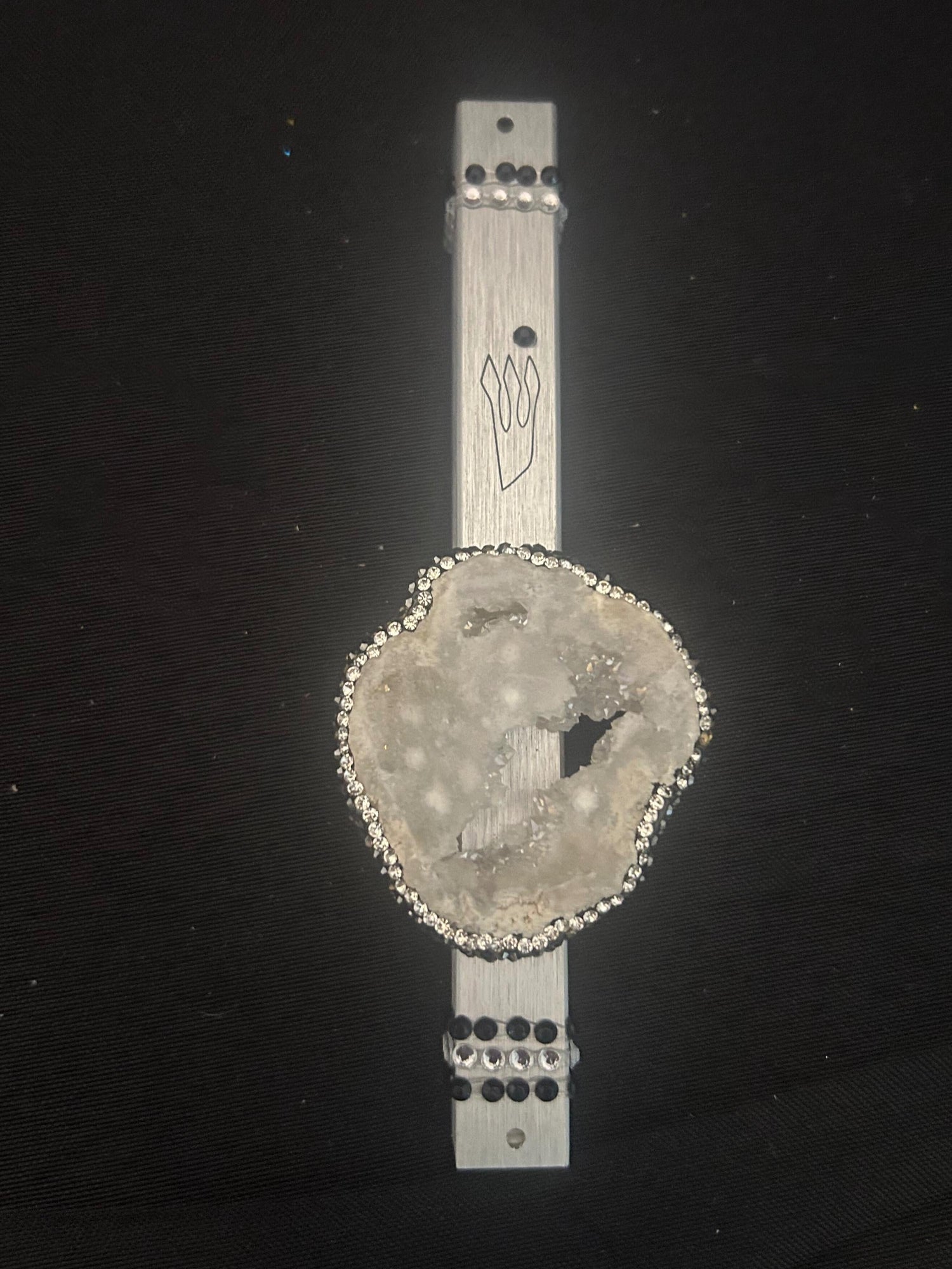 Geode mezuzah case — aluminum with quartz pendant and rhinestones | Judaica Square Lakewood (view 4)