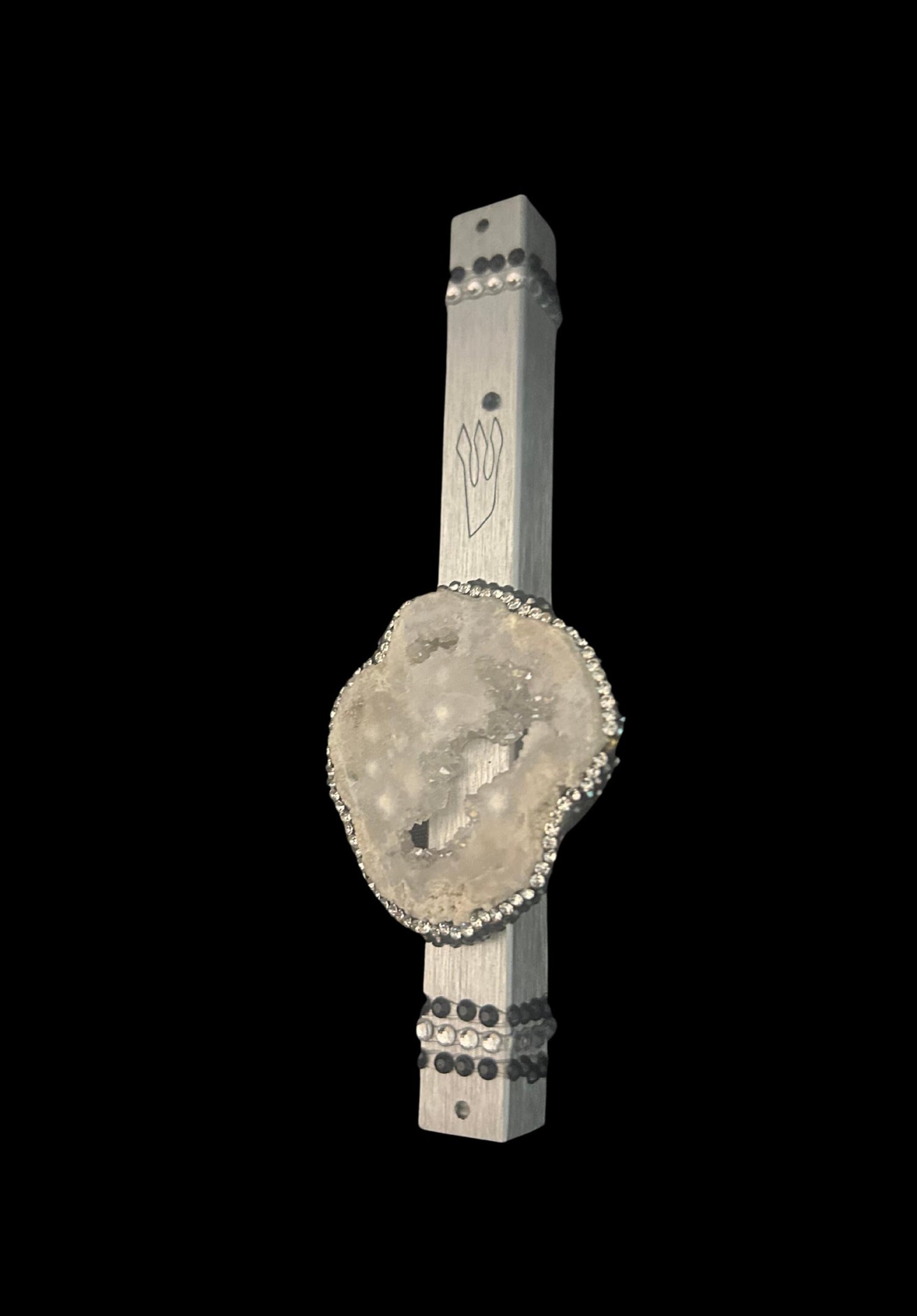 Geode mezuzah case — aluminum with quartz pendant and rhinestones | Judaica Square Lakewood (view 5)