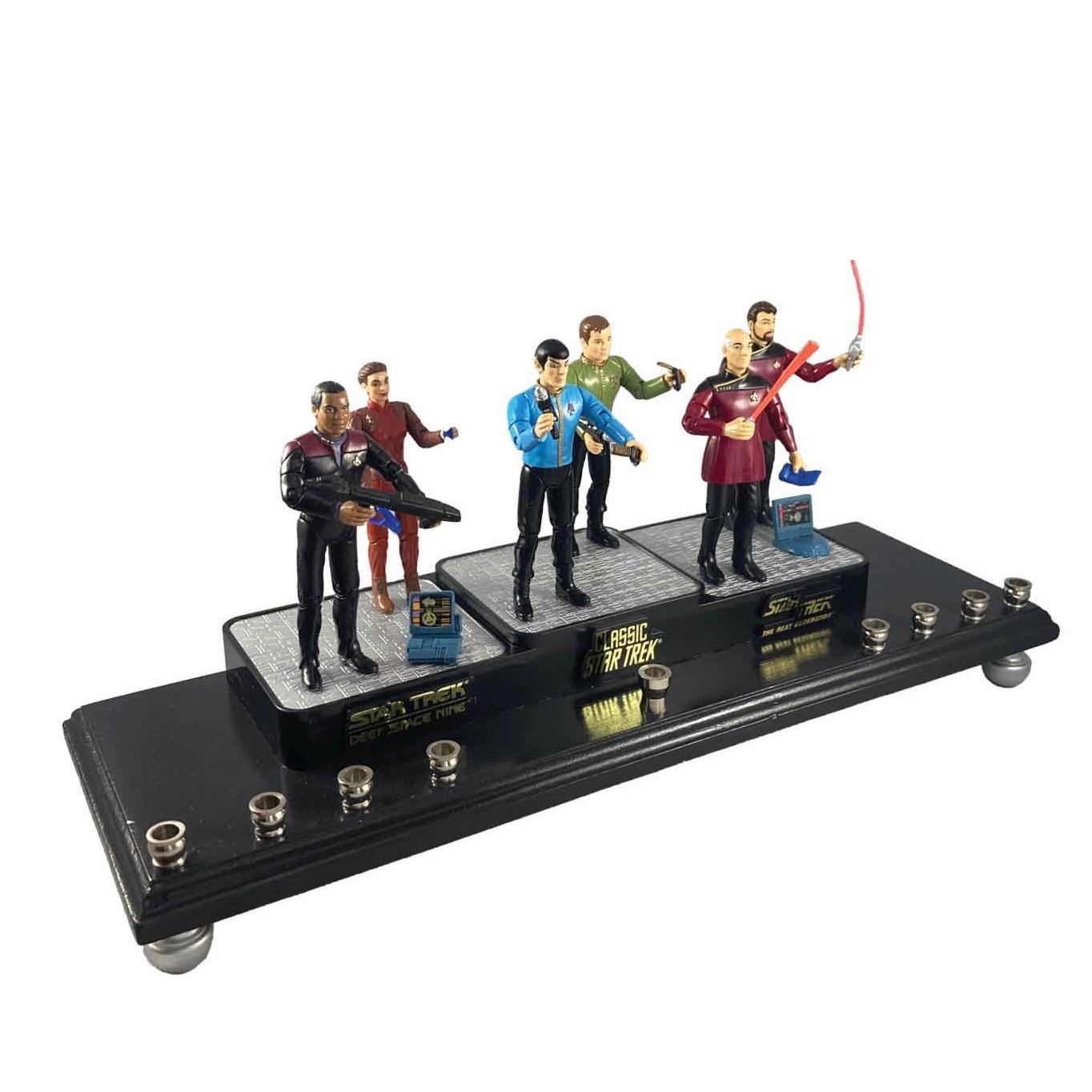 Star Trek Collector Menorah — vintage Kirk and Spock figures on long plaque | Judaica Square Lakewood (view 3)
