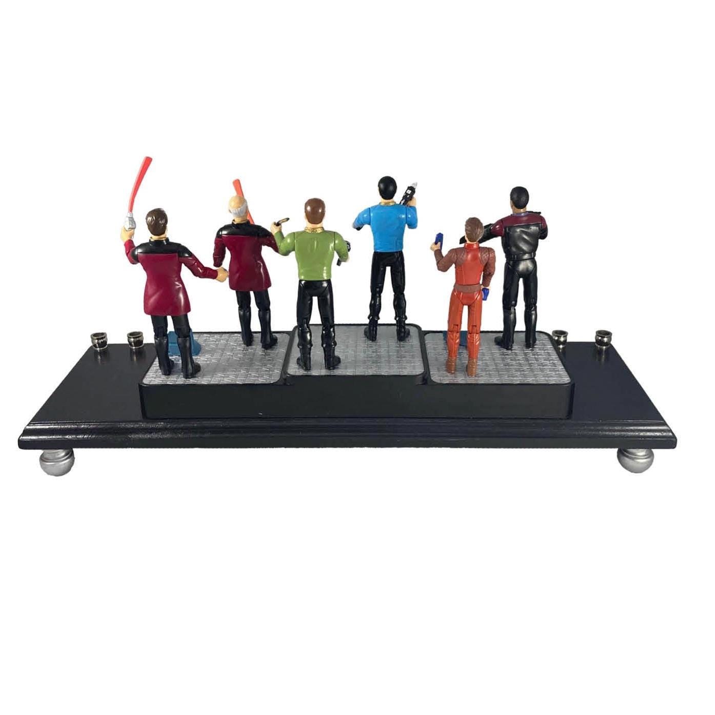 Star Trek Collector Menorah — vintage Kirk and Spock figures on long plaque | Judaica Square Lakewood (view 4)