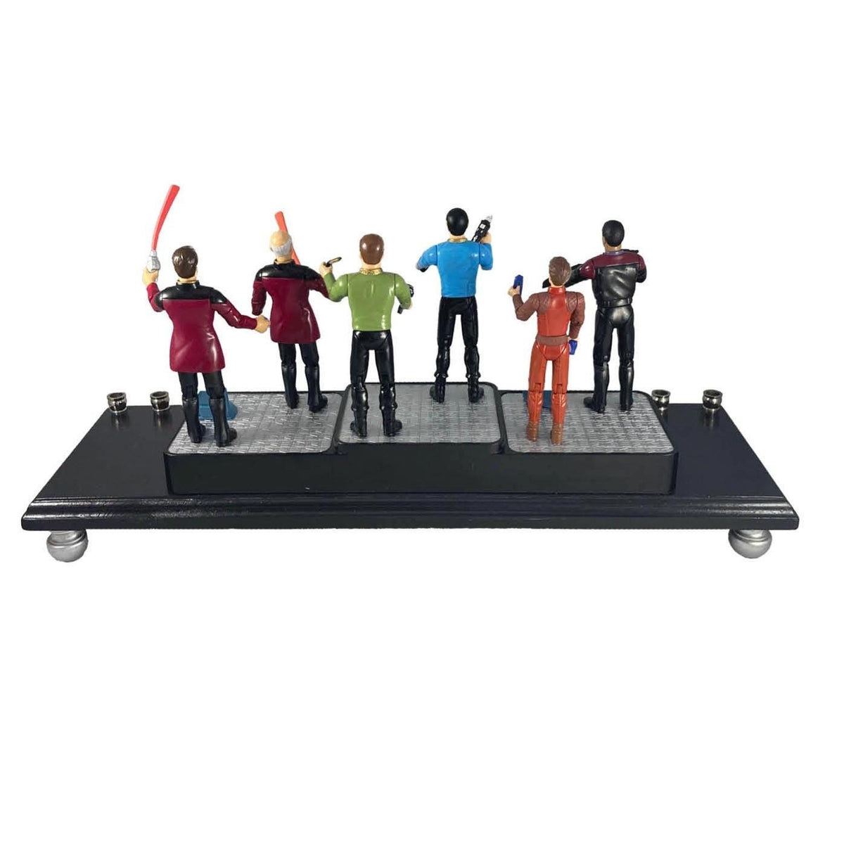 Star Trek collector menorah with six vintage character figures, detail view