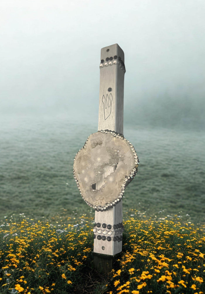 Geode mezuzah case — aluminum with quartz pendant and rhinestones | Judaica Square Lakewood