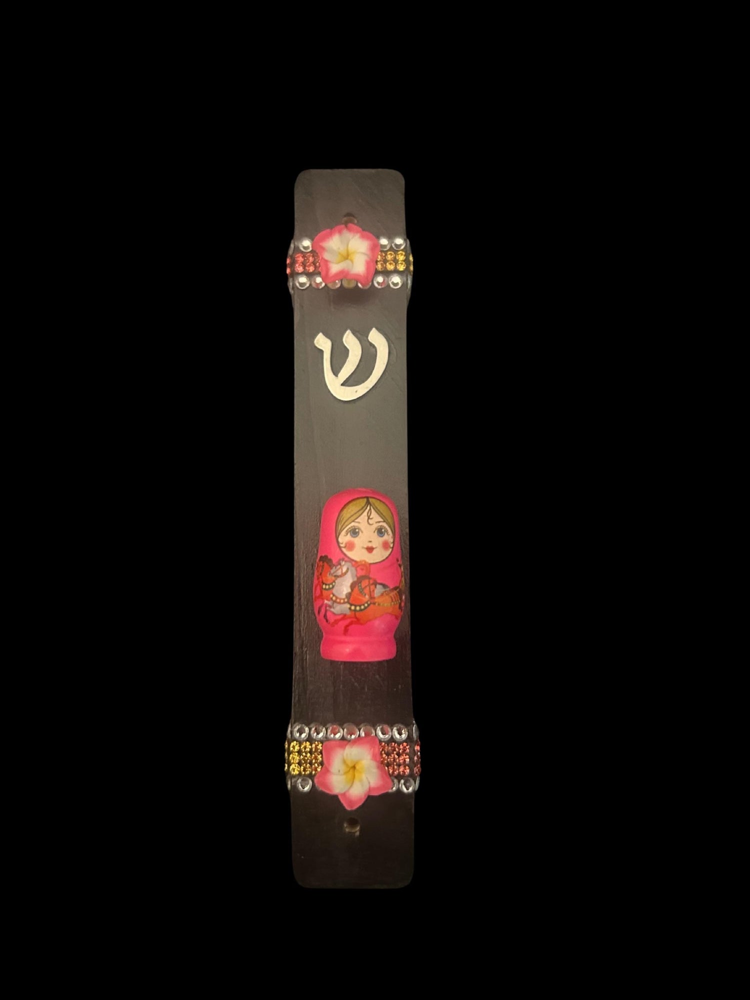 Matryoshka mezuzah case — wooden nesting doll with polymer flowers on painted wood | Judaica Square Lakewood (view 5)