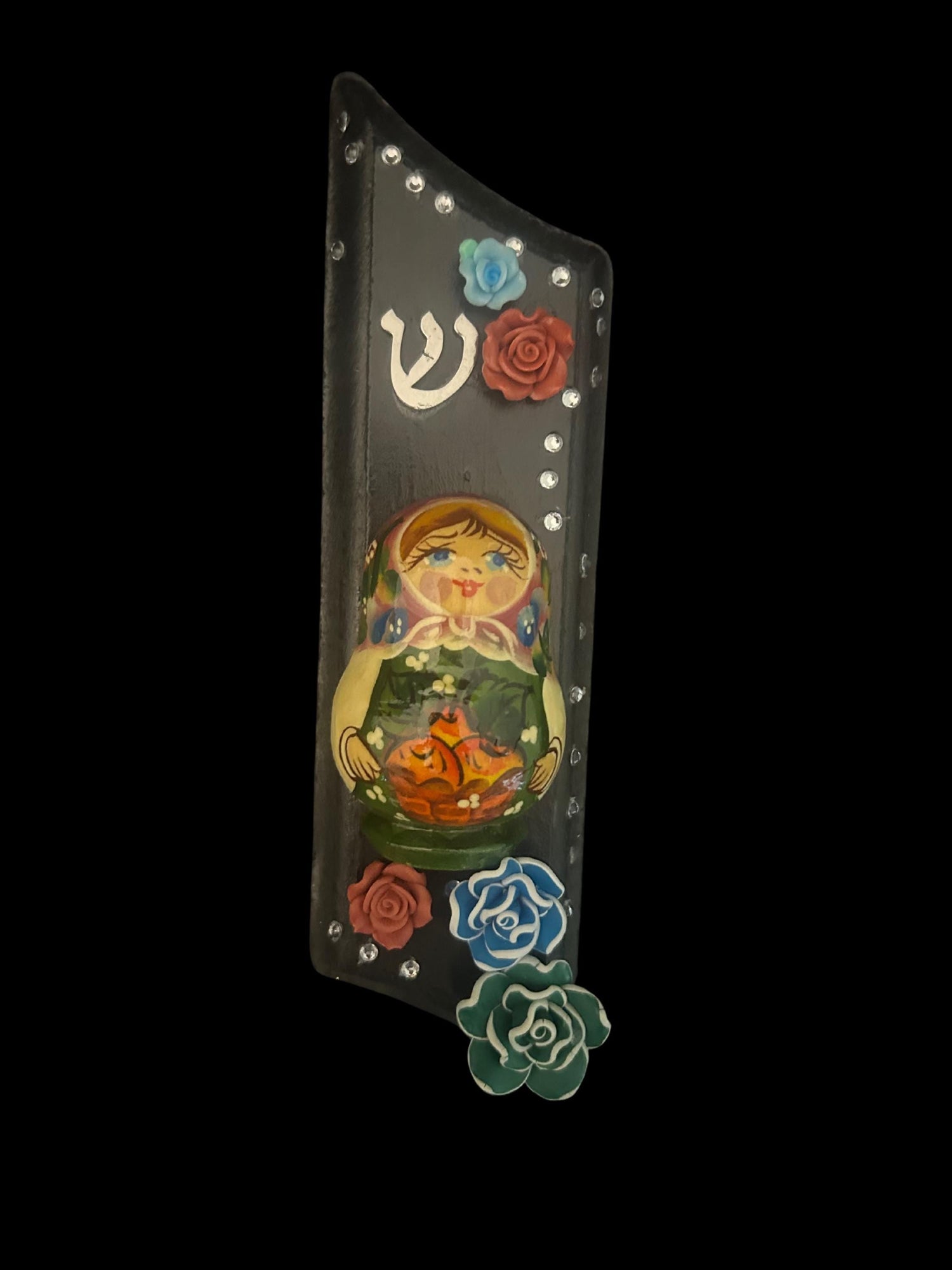 Matryoshka mezuzah case — wooden nesting doll with polymer flowers on painted wood | Judaica Square Lakewood (view 3)