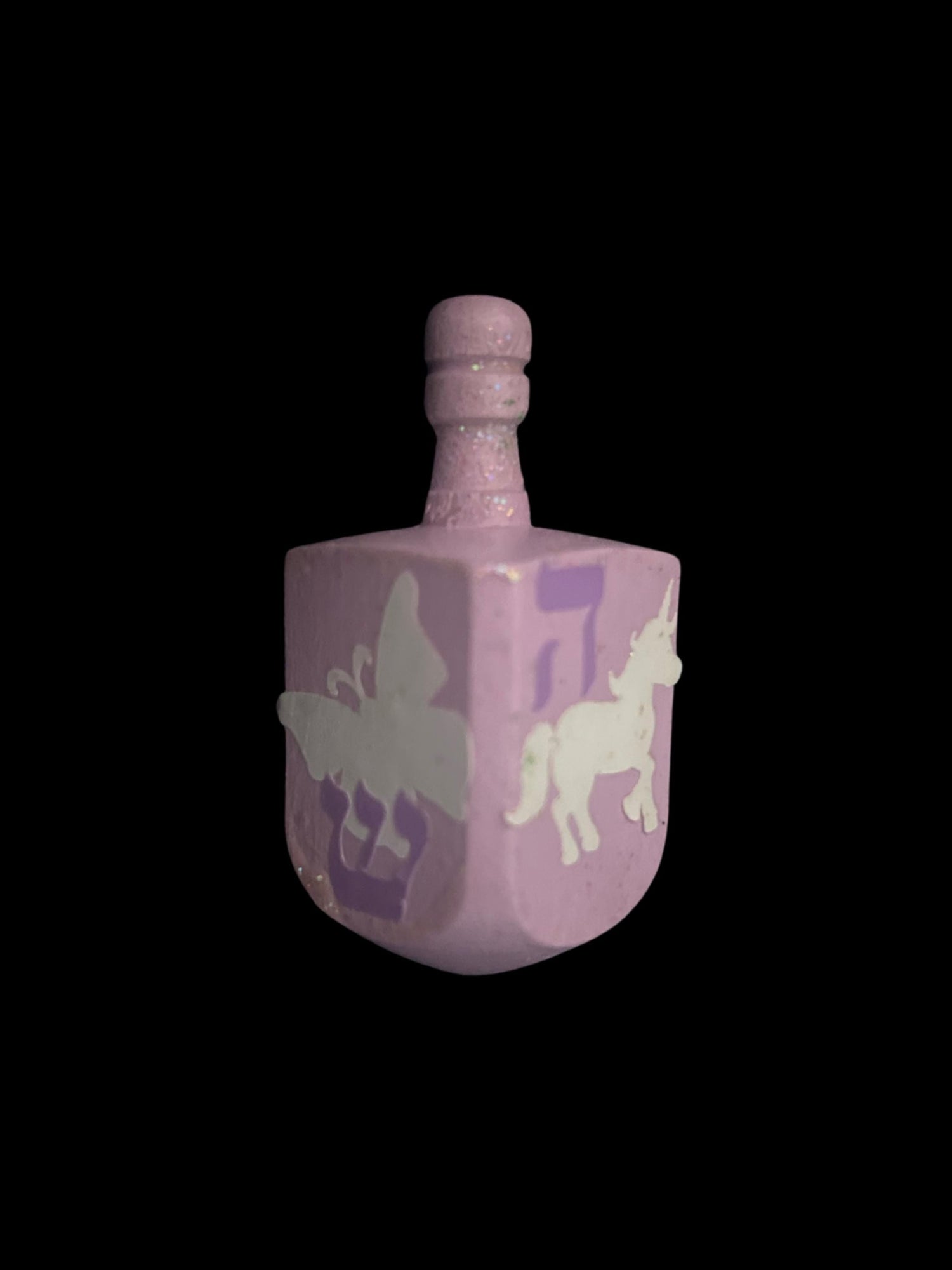 Fairy Unicorn Dreidel — light purple glitter dreidel with butterfly art | Judaica Square Lakewood (view 2)