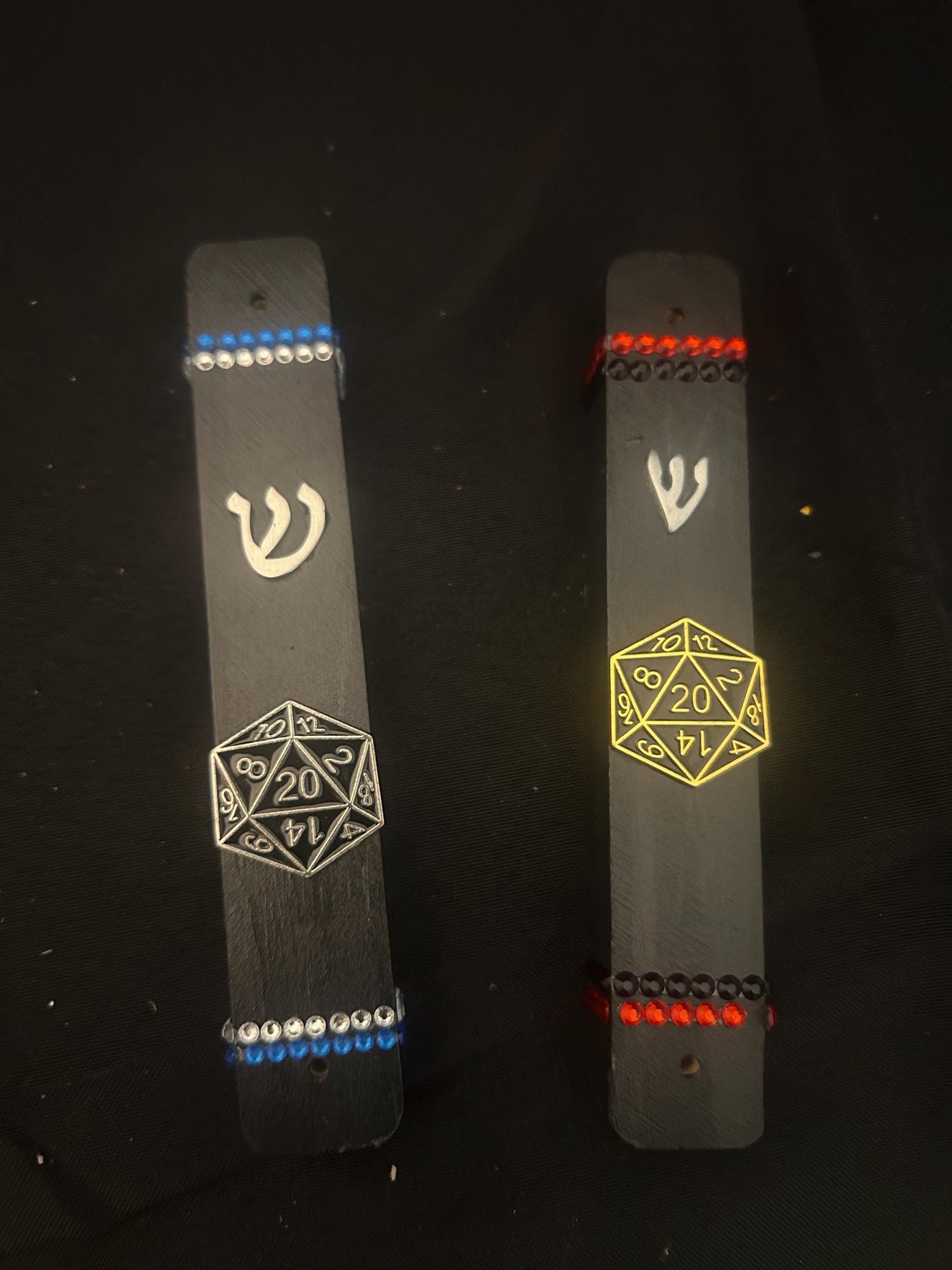 D20 dice mezuzah case — black wood case with Dungeons and Dragons die and rhinestones | Judaica Square Lakewood (view 3)
