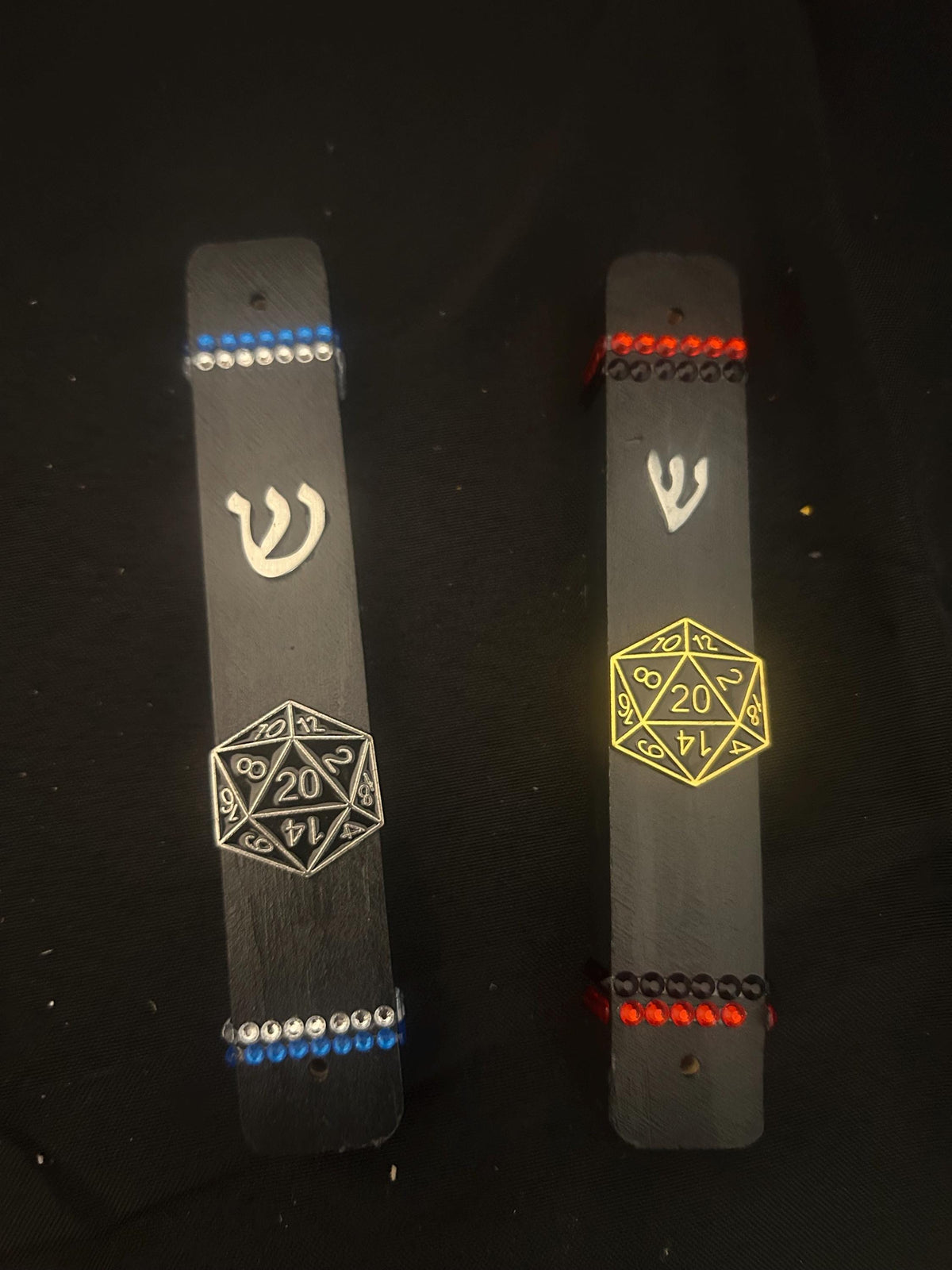 D20 dice mezuzah case — black wood case with Dungeons and Dragons die and rhinestones | Judaica Square Lakewood (view 3)