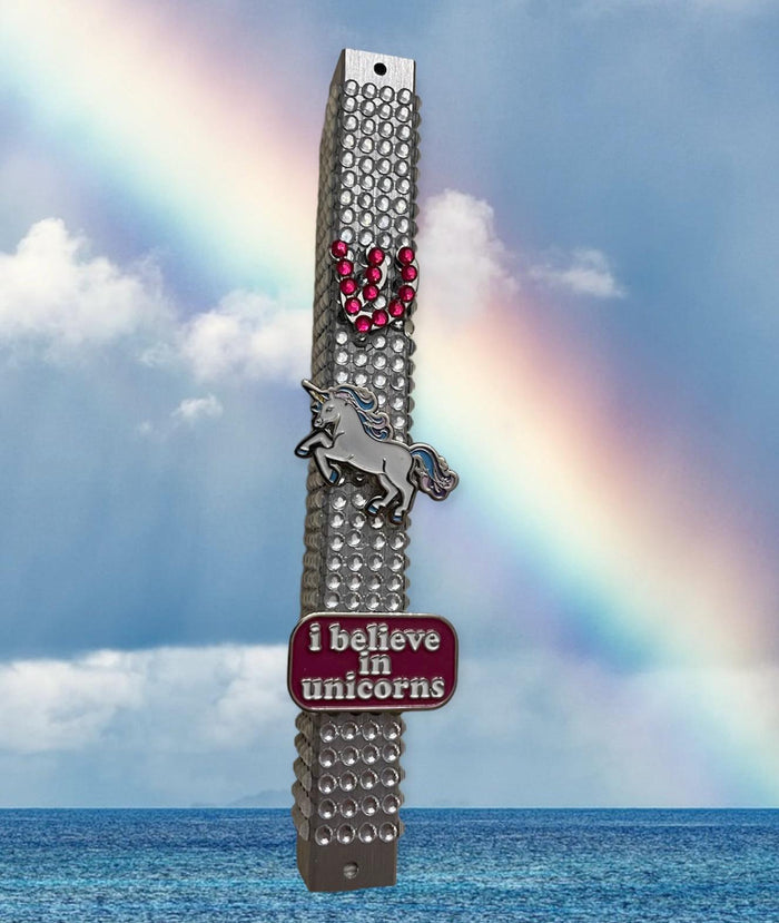 I Believe in Unicorns mezuzah case — silver case encrusted with rhinestones and beads | Judaica Square Lakewood
