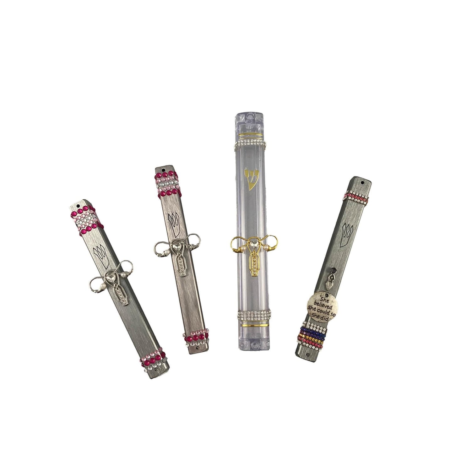 Women's rights mezuzah — pink rhinestones and gold uterus pin | Judaica Square Lakewood (view 2)