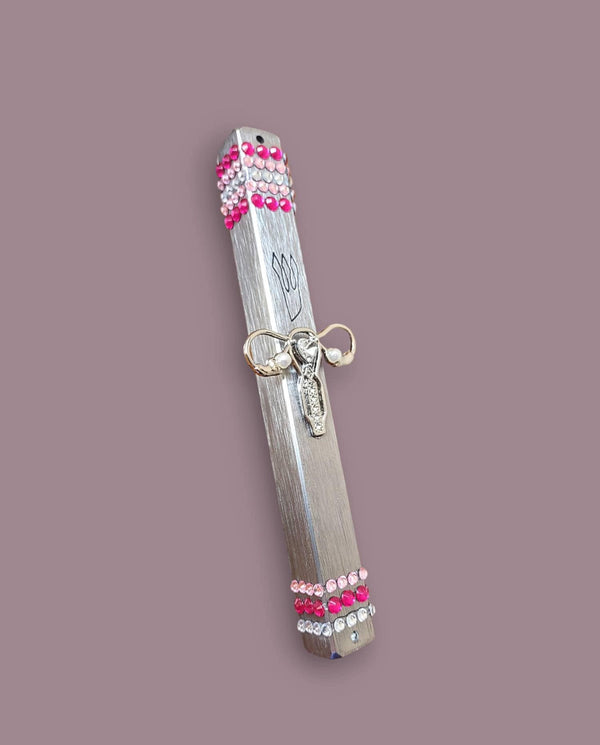 Women's rights mezuzah — pink rhinestones and gold uterus pin | Judaica Square Lakewood