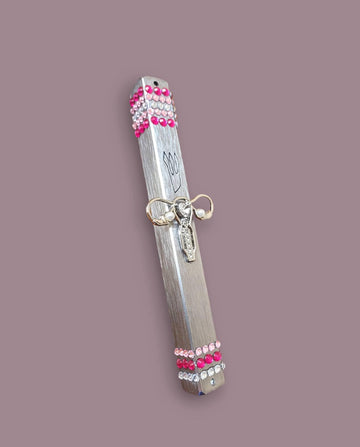 Women's rights mezuzah — pink rhinestones and gold uterus pin | Judaica Square Lakewood
