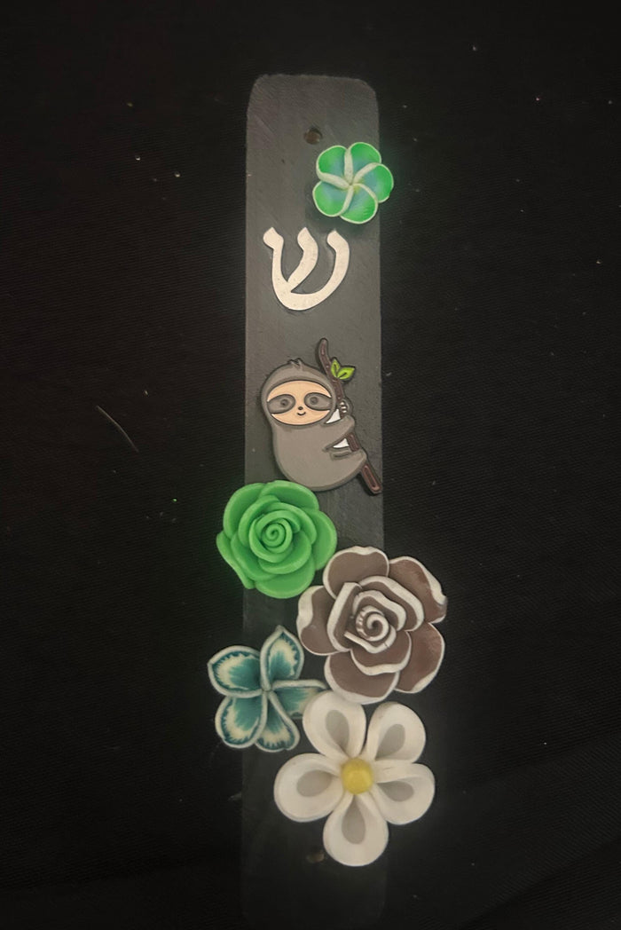 Sloth mezuzah case — wood with enamel sloth pin and polymer flowers | Judaica Square Lakewood