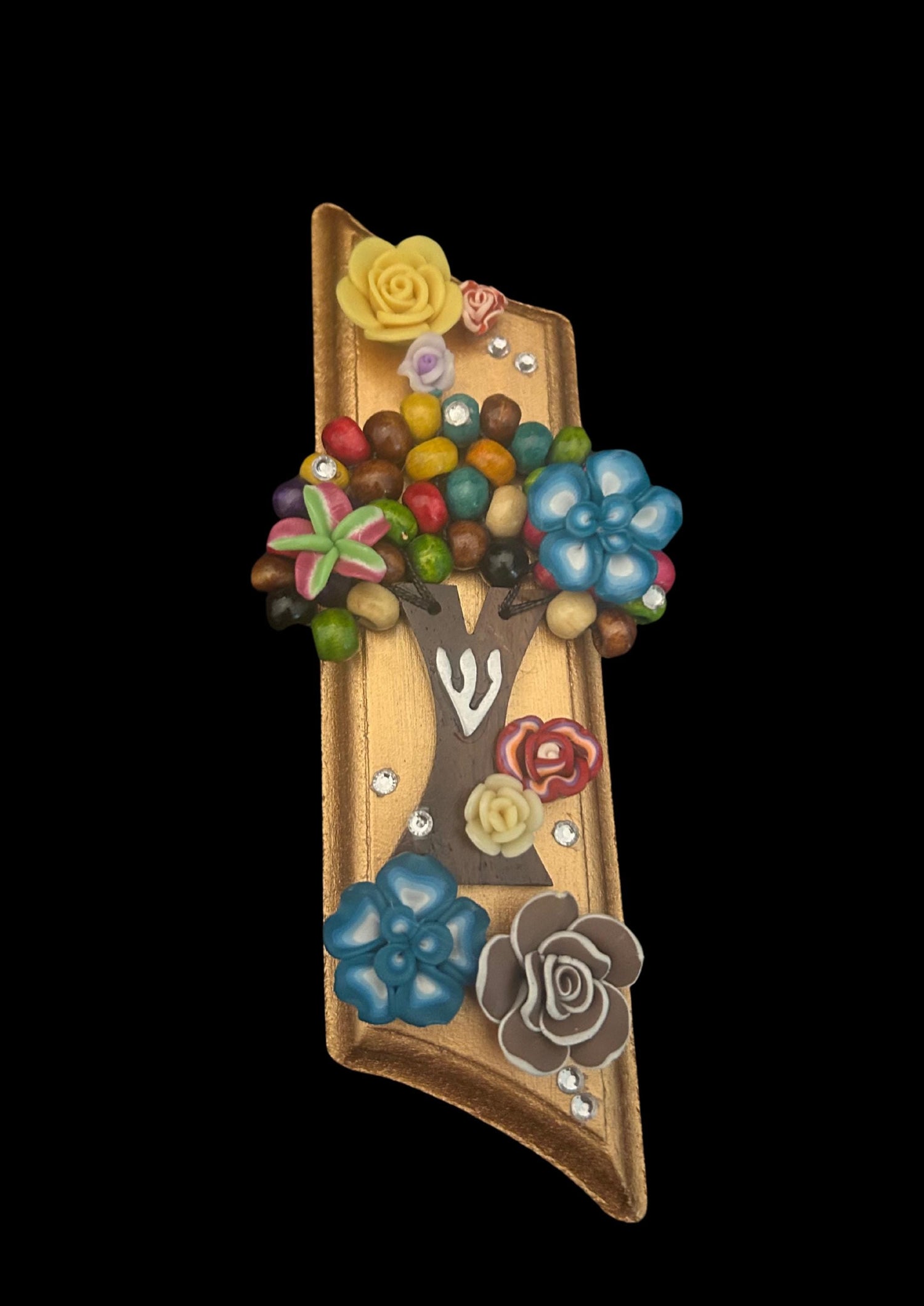 Tree of Life mezuzah — bronze painted wood with flowers and rhinestones | Judaica Square Lakewood (view 2)