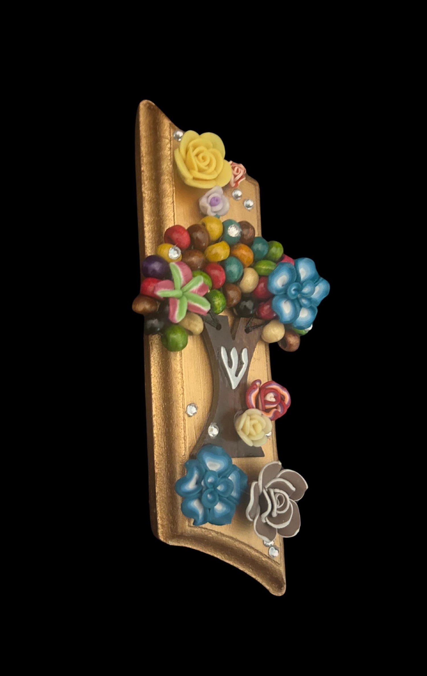 Tree of Life mezuzah — bronze painted wood with flowers and rhinestones | Judaica Square Lakewood (view 3)