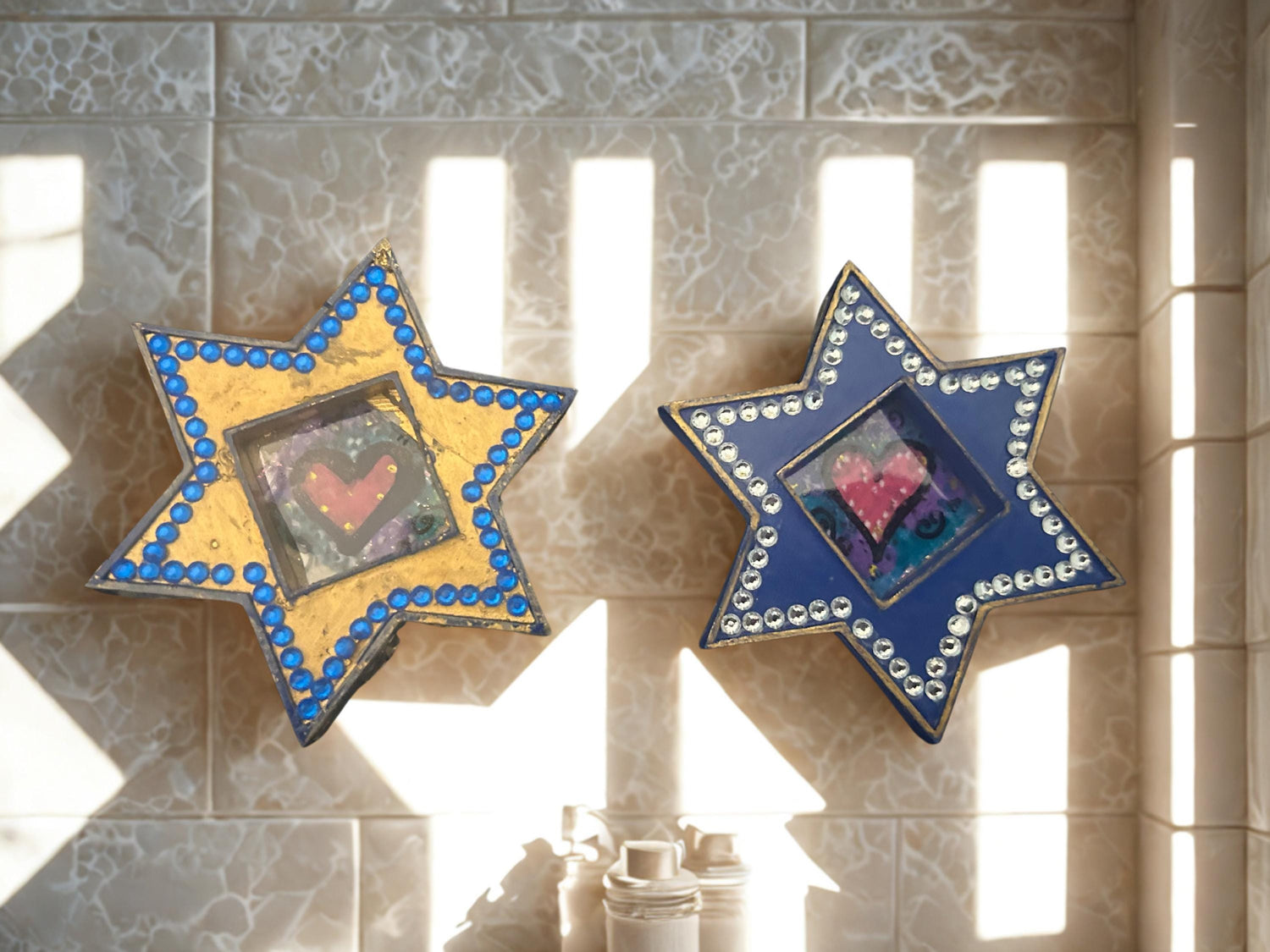 Star of David magnets — pair of painted hearts with rhinestones | Judaica Square Lakewood (view 2)