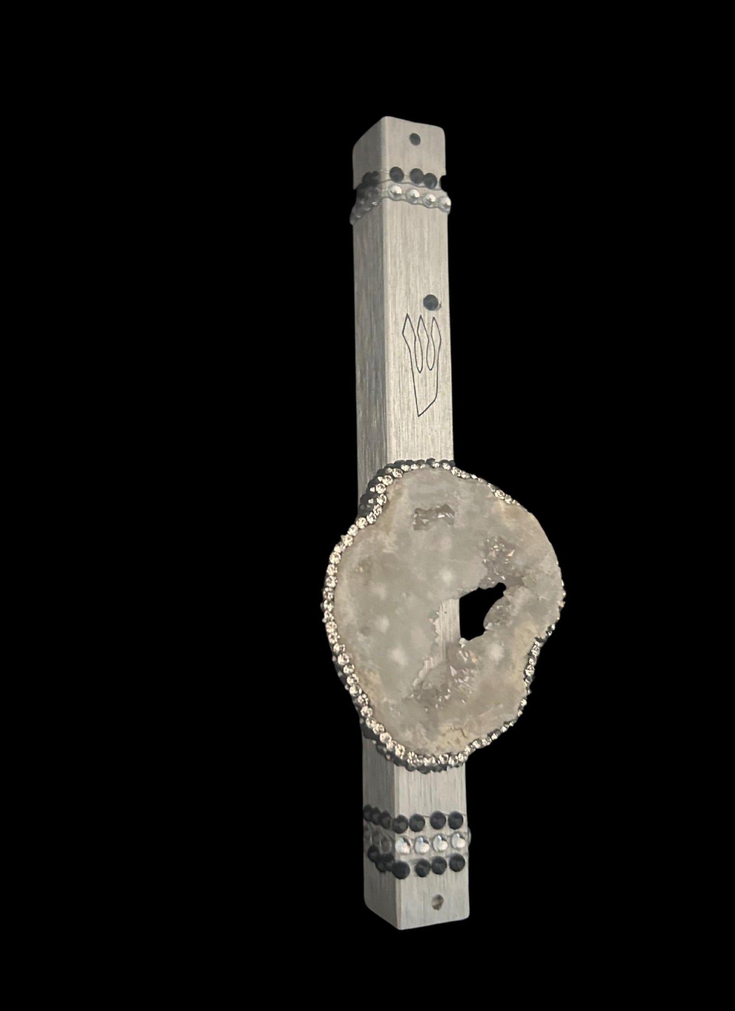 Geode mezuzah case — aluminum with quartz pendant and rhinestones | Judaica Square Lakewood (view 3)
