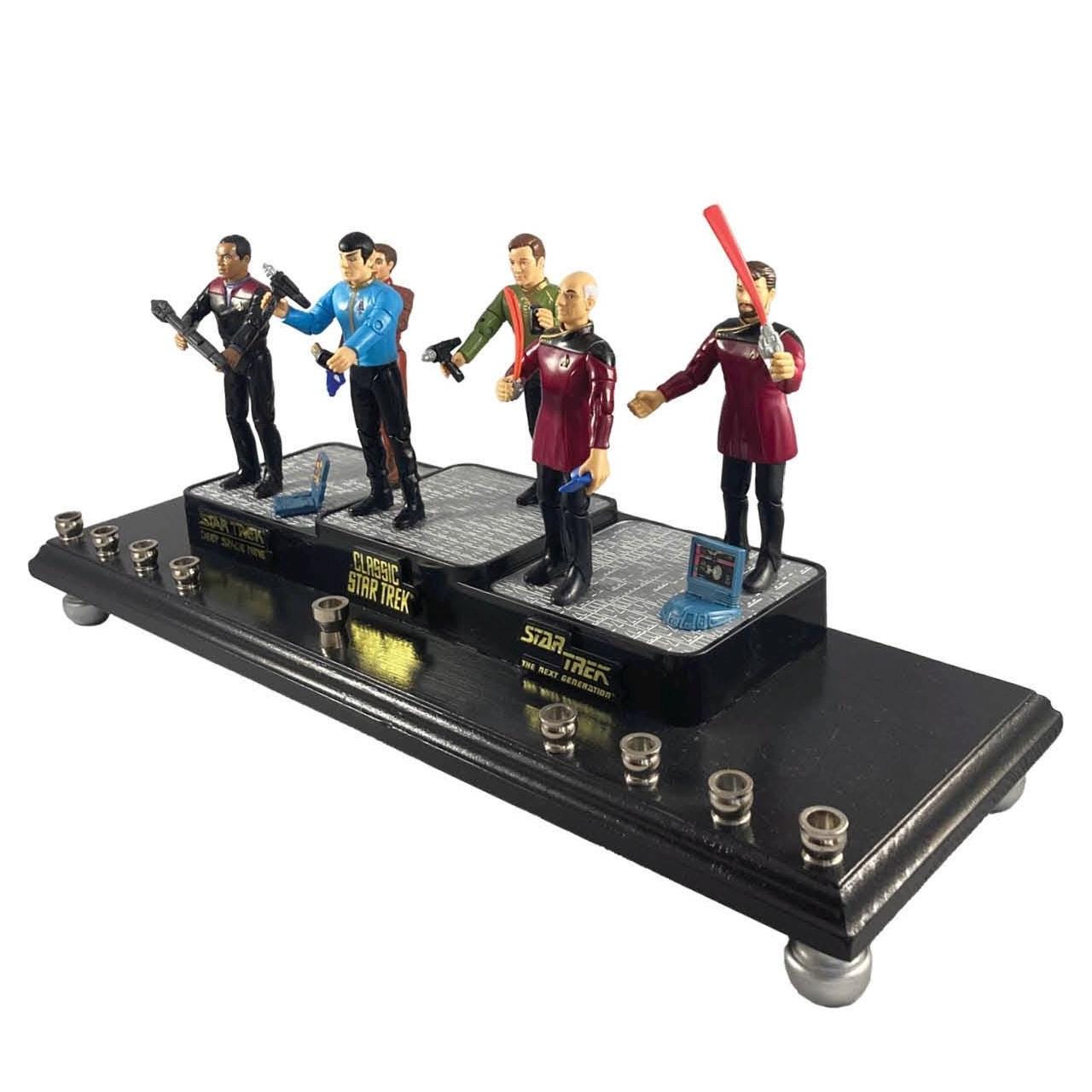 Star Trek Collector Menorah — vintage Kirk and Spock figures on long plaque | Judaica Square Lakewood (view 2)