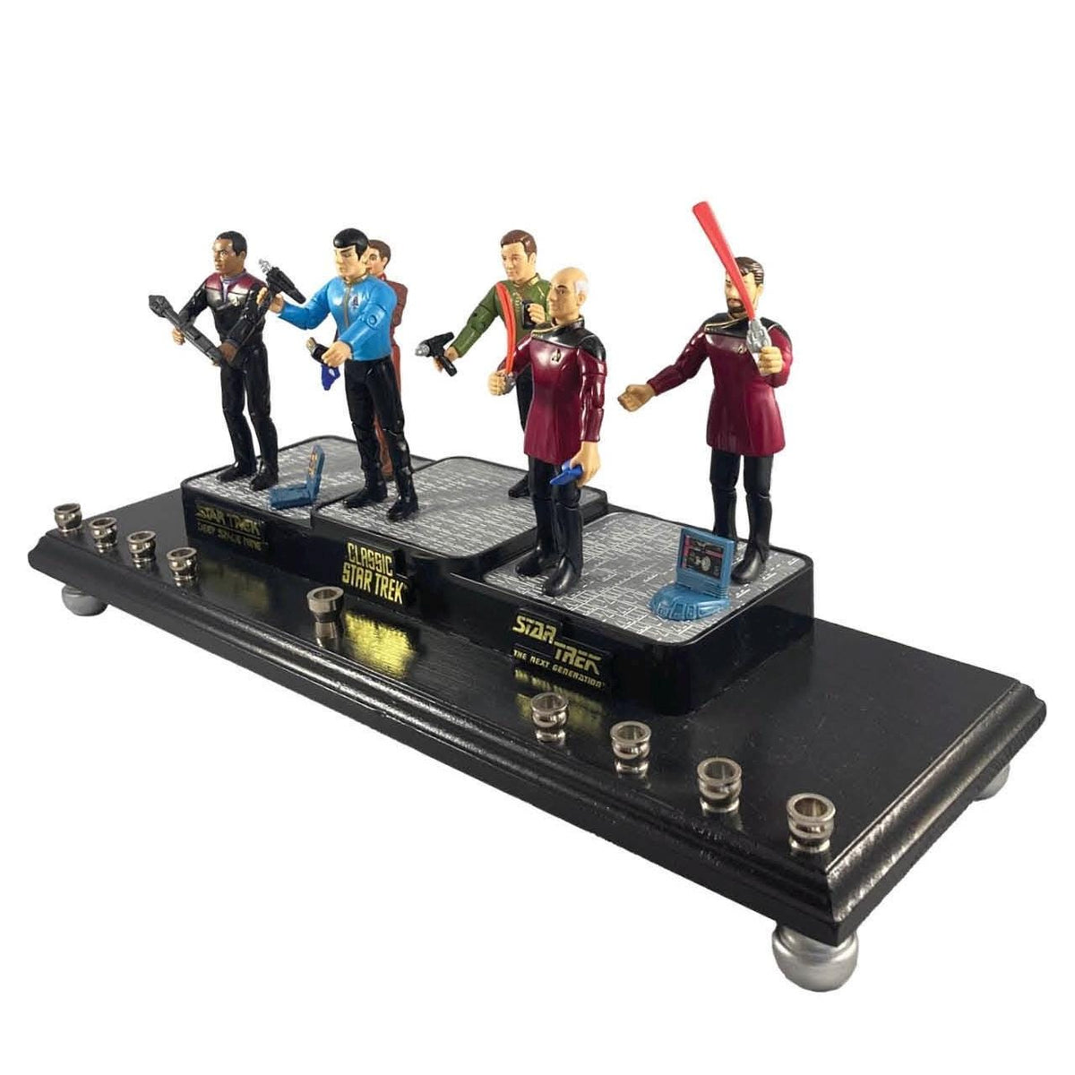 Star Trek collector menorah with six vintage character figures, alternate view