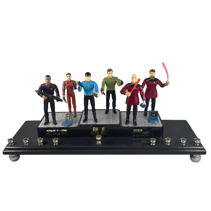 Star Trek Collector Menorah — vintage Kirk and Spock figures on long plaque | Judaica Square Lakewood
