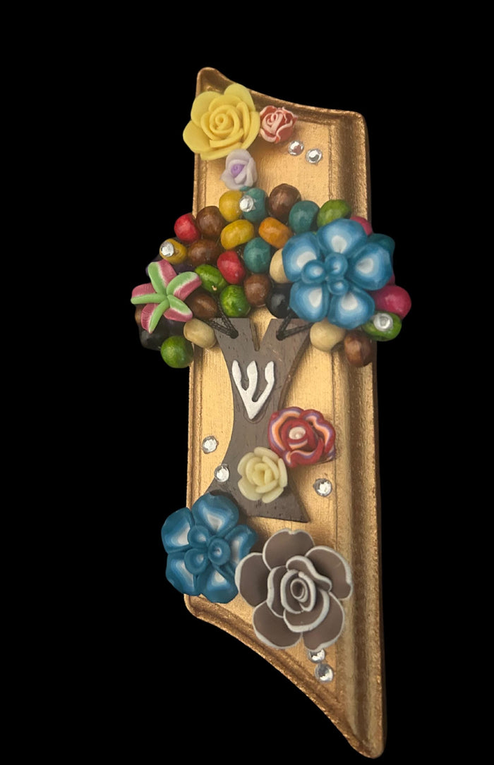 Tree of Life mezuzah — bronze painted wood with flowers and rhinestones | Judaica Square Lakewood