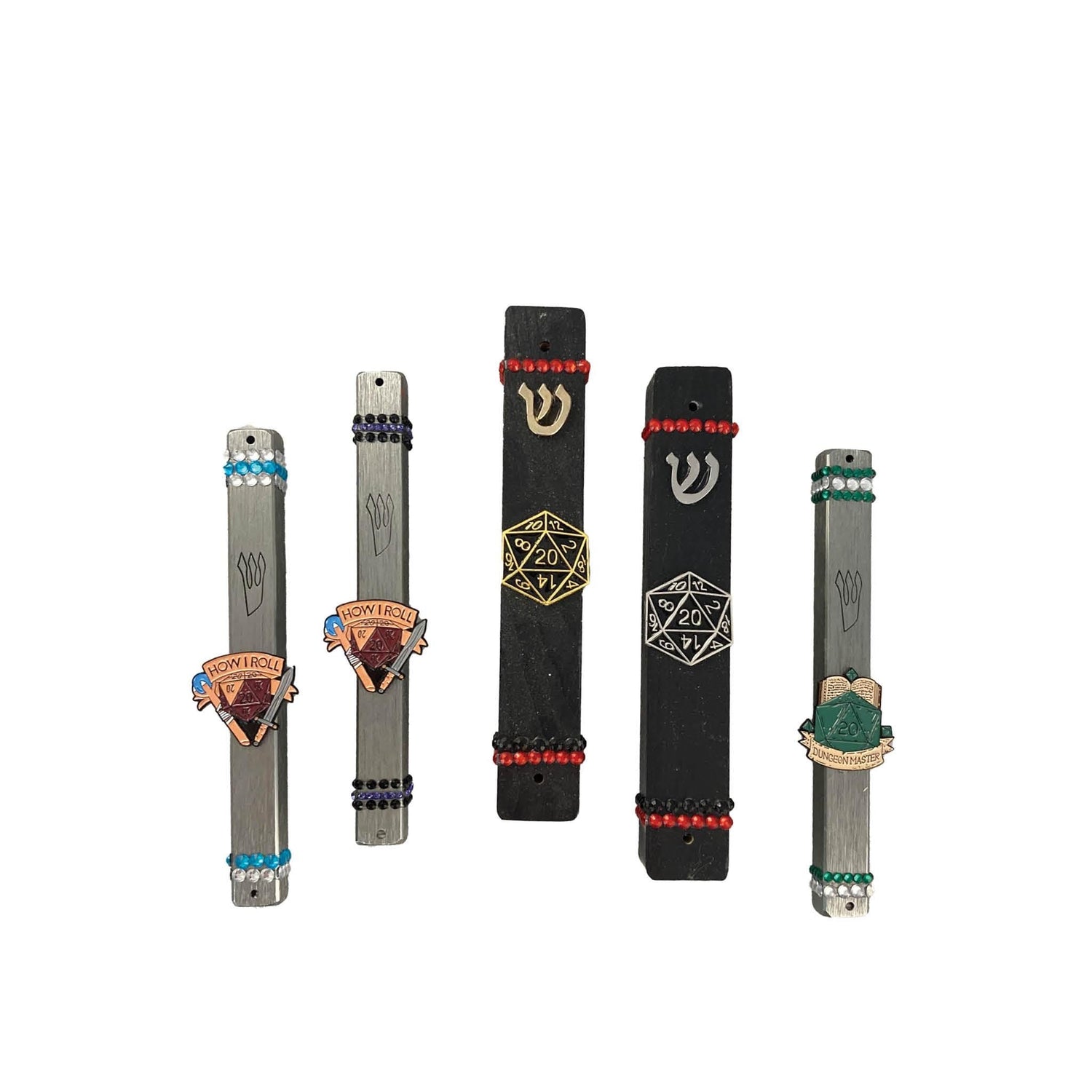 D20 dice mezuzah case — black wood case with Dungeons and Dragons die and rhinestones | Judaica Square Lakewood (view 2)