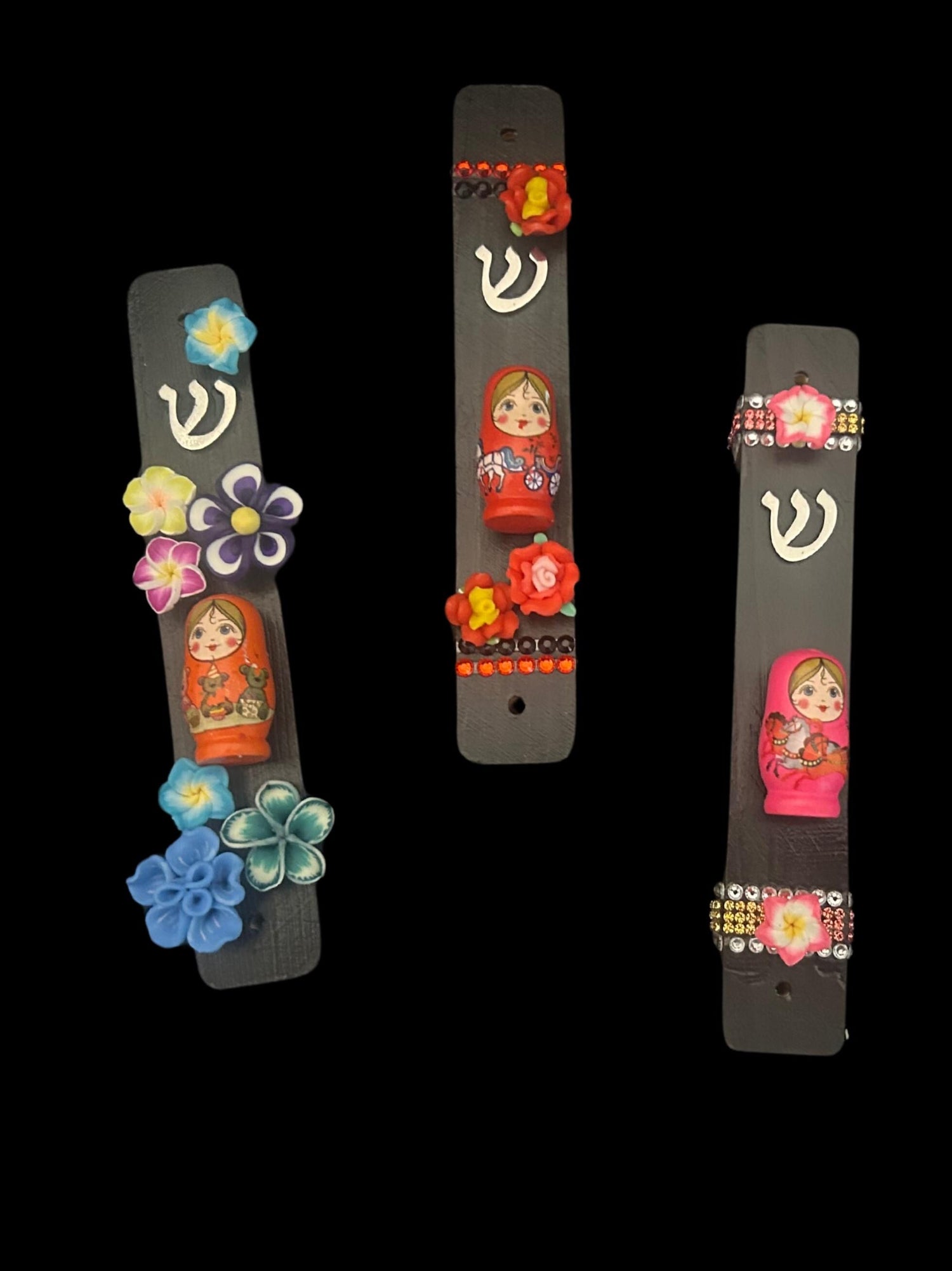 Matryoshka mezuzah case — wooden nesting doll with polymer flowers on painted wood | Judaica Square Lakewood (view 2)