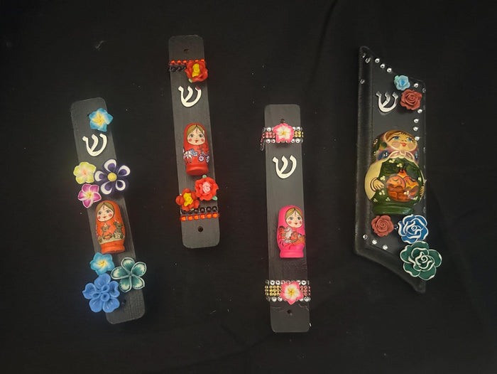 Matryoshka mezuzah case — wooden nesting doll with polymer flowers on painted wood | Judaica Square Lakewood