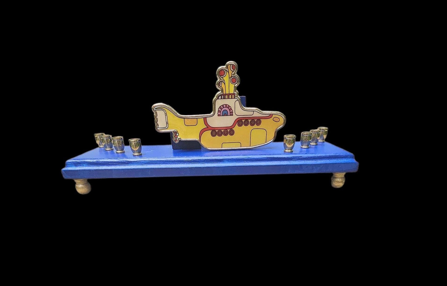 Beatles menorah — yellow submarine bottle opener magnet on painted wood base | Judaica Square Lakewood (view 3)