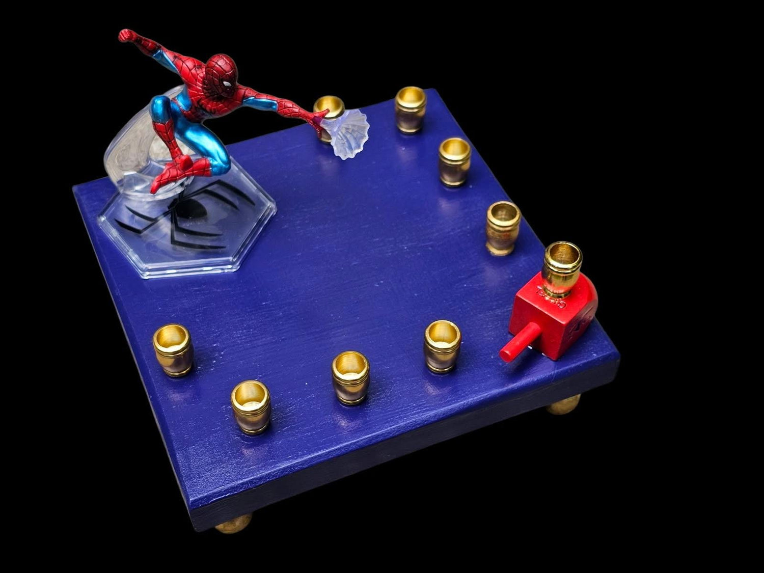 Spider-Man Menorah — red and blue Marvel figure on painted wood plaque | Judaica Square Lakewood (view 3)