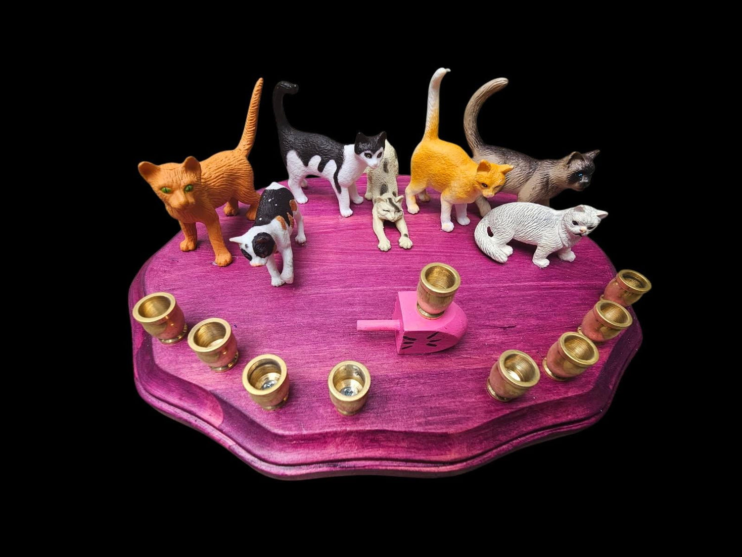 Cat menorah — kitty figures with pink whiskered dreidel on black cherry wood base | Judaica Square Lakewood (view 2)